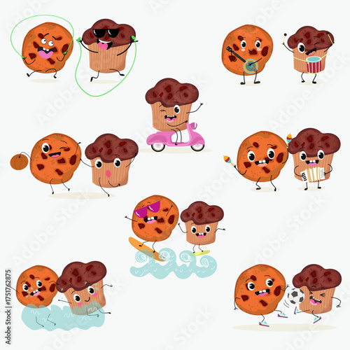 Sweets, bakery funny characters, hand drawn vector illustration.