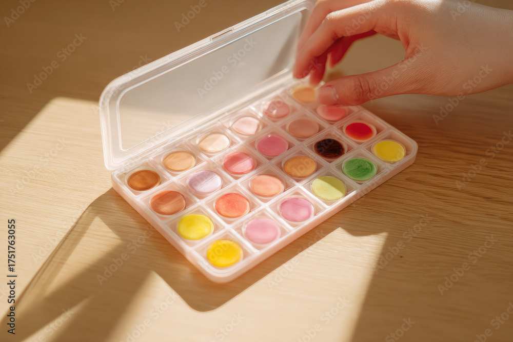 Naklejka premium Hand arranging watercolor palette on wooden table, sunlight casting soft shadows, vibrant paint colors, creative art supplies, warm atmosphere, artistic inspiration, close up view