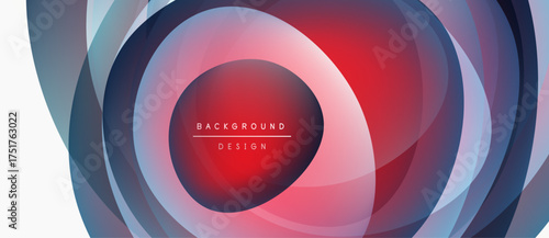 Abstract circles create dynamic visual effect. Red center draws attention, blending into cool blues, purples. Modern design element.