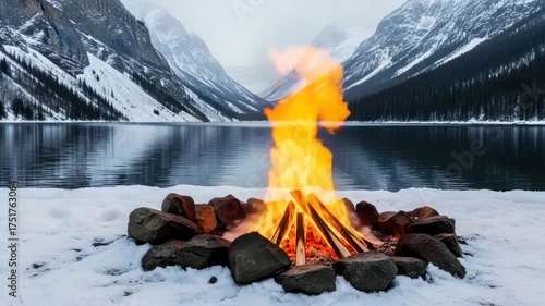 A cozy campfire crackles merrily by the serene lake, framed by majestic snowcapped mountains and towering pine trees, creating a picturesque winter wonderland scene