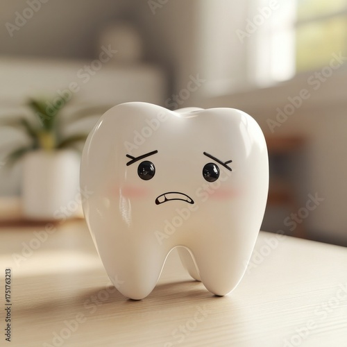 A cartoonish tooth with a worried expression sits on a table, emphasizing dental care and oral hygiene in a fun and relatable way.