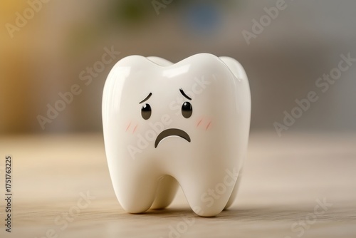 A sad cartoon tooth figure with a frown, symbolizing dental discomfort or cavity concerns, set against a soft background.