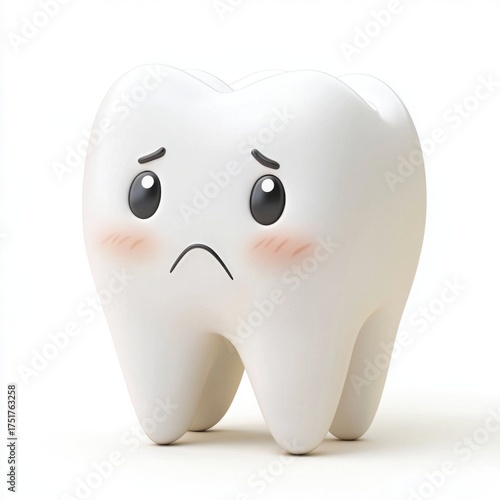 A cute, cartoonish tooth character with a sad expression, emphasizing dental health awareness in a playful manner.
