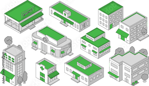 Modern isometric building vector icon set featuring a market, hospital, apartment, and shop, contemporary green and gray line art illustration for city map and business presentation design.