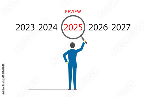 虫眼鏡で2025年のレビューを分析するビジネスマンのイラスト