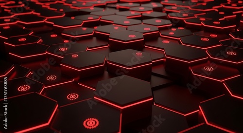 Futuristic Neon Red Hexagon Tech Background – Abstract Geometric Grid Design