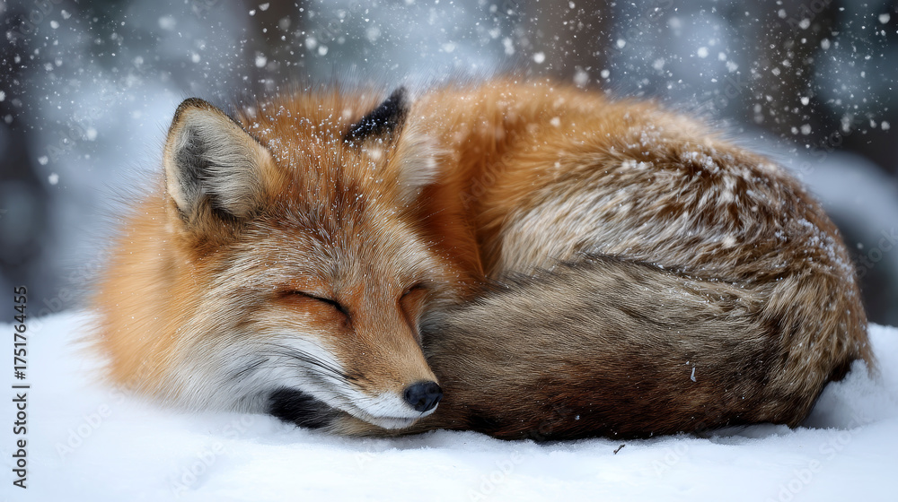 Fototapeta premium A red fox curling up in the snow to sleep, with soft snowflakes drifting down gently around it