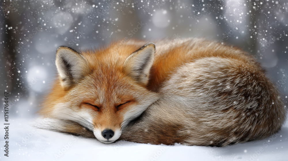 Fototapeta premium A red fox curling up in the snow to sleep, with soft snowflakes drifting down gently around it