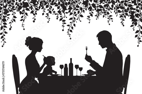 Minimalist family eating dinner together silhouette showing warmth, unity, and love in a simple yet elegant design.