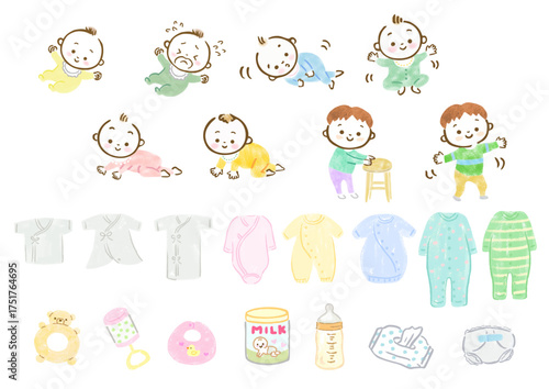 赤ちゃんの成長過程とベビー用品の手描きイラスト