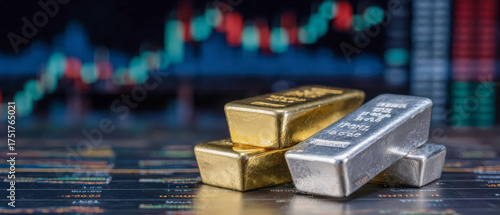 Stacked gold and silver bullion bars placed on financial charts with a blurred stock market graph in the background symbolize wealth, investment, and economic strategy