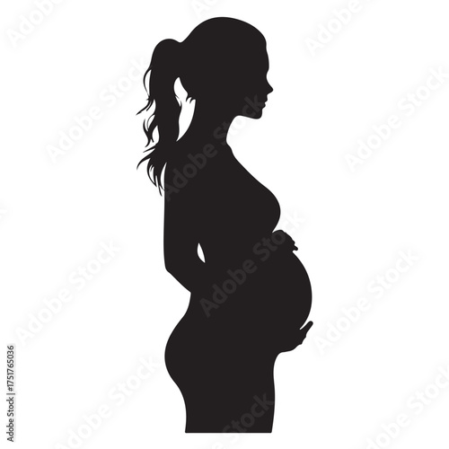 Black silhouette of pregnant woman with straight hair. Vector illustration 