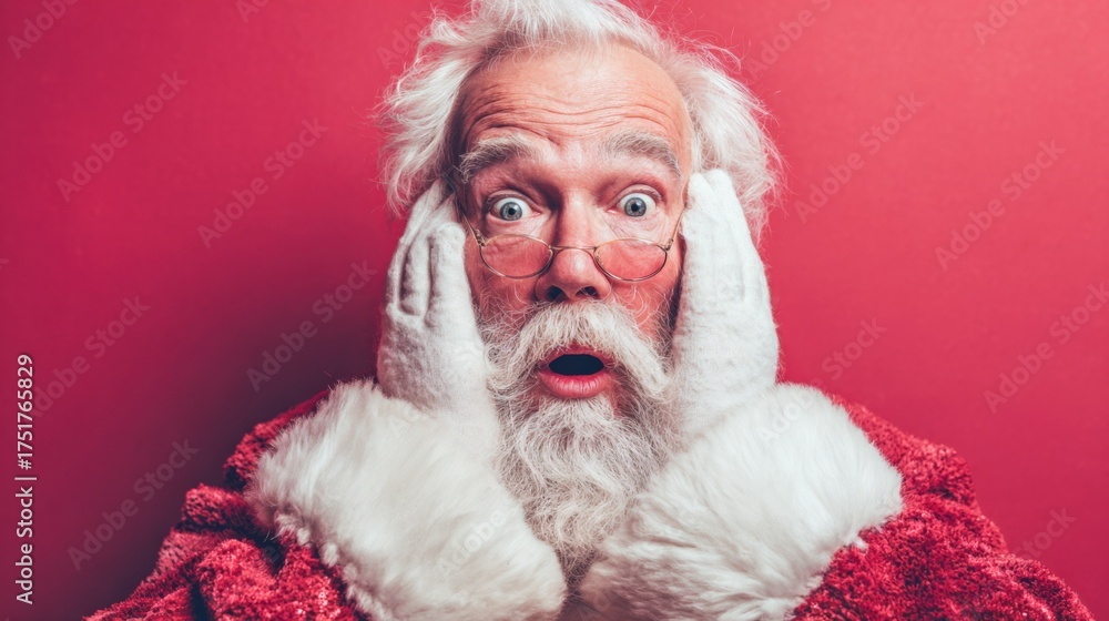 Obraz premium Surprised Santa Claus Portrait Against Red Background, Festive Holiday Season Celebration with Jolly Old Man