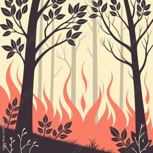 Wildfire burning in the forest with trees and flames in vector illustration