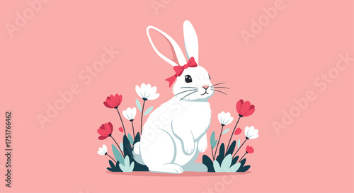 A cute white bunny with a pink bow sits among pretty spring flowers.