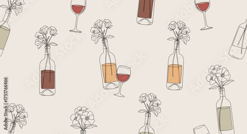 A whimsical collection of bottles and glasses with floral arrangements.