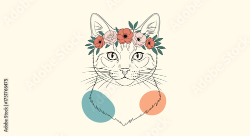 A cute cat with a floral crown and abstract shapes below.