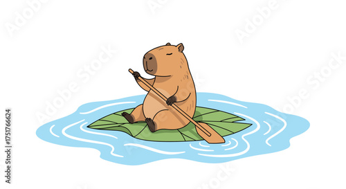 A cute capybara paddles serenely on a lily pad in tranquil waters.