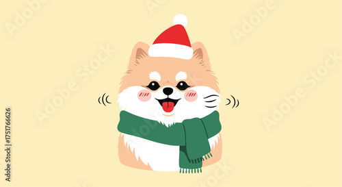 A cute fluffy dog wearing a christmas hat and a scarf.