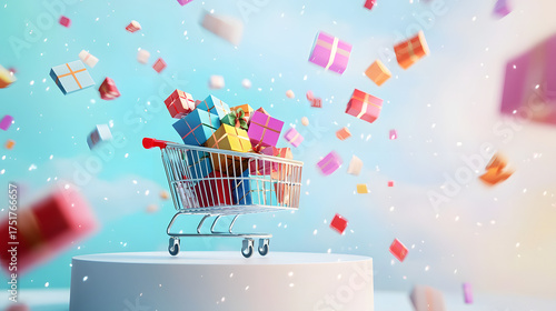 A shopping cart with gift boxes on a white podium against the backdrop of falling gift boxes and a blue sky