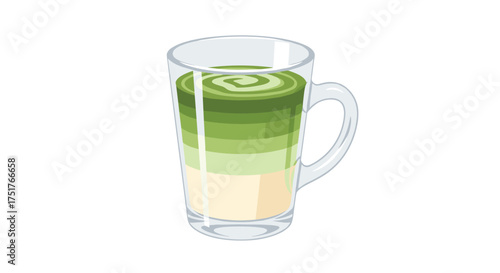 A refreshing layered green tea beverage served in a clear glass mug.