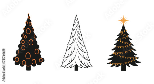 Three stylish decorated christmas trees in a row. Black and orange christmas trees and a hand drawn tree. 