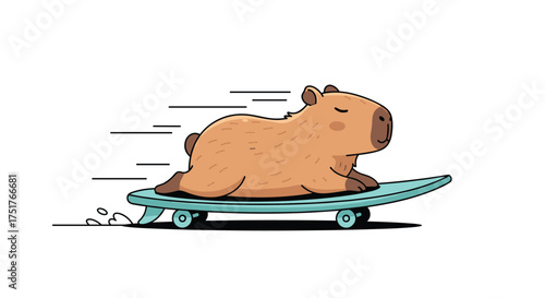 Cute capybara riding a skateboard with speed lines.