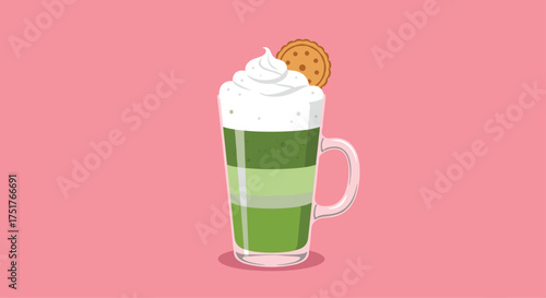 Delicious green tea latte with whipped cream and cookie topping.