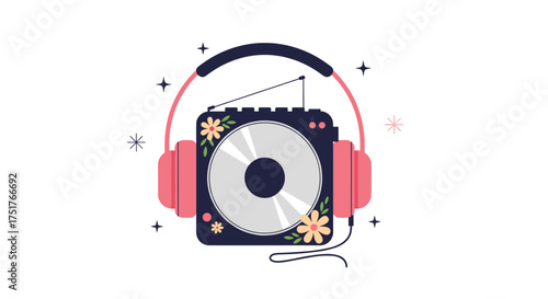 Vintage portable music player with headphones and floral design.