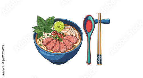 A delicious bowl of beef noodle soup with a side of chopsticks and spoon.