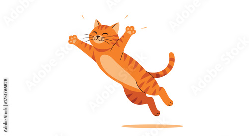 An orange tabby cat leaping in the air with joy.