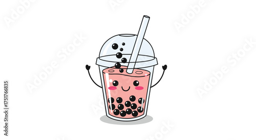 Cute smiling pink bubble tea drink with arms and legs. 