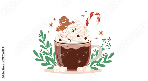 A warm cup of hot chocolate with whipped cream and gingerbread man.