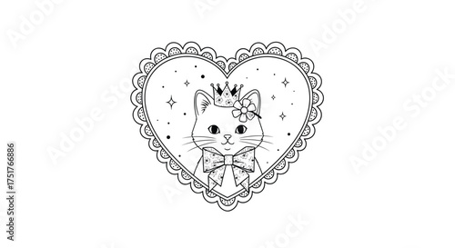 A cute cat wearing a crown inside a heart shape.