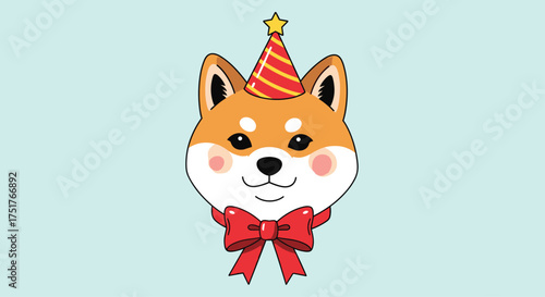 A cute dog with a party hat and bow is celebrating a special day.
