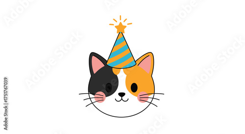 A cute calico cat wears a festive party hat celebrating a special occasion.