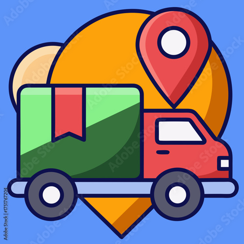 Delivery truck icon with location pointer on a blue background