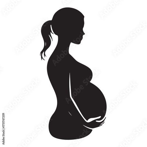 Black silhouette of pregnant woman with straight hair. Vector illustration 