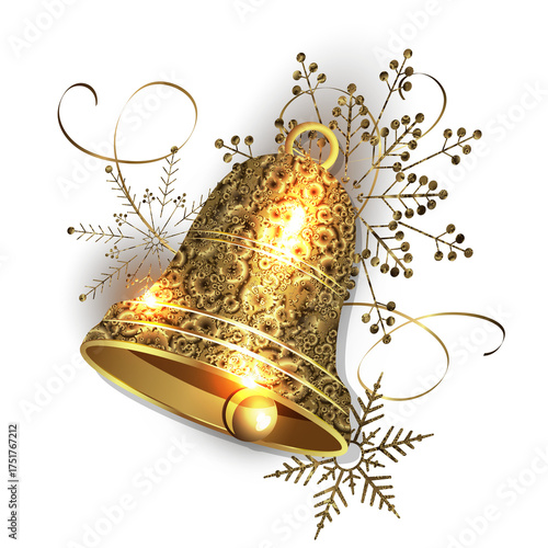Merry Christmas 2026. Isolated gold textured bell with snowflakes.