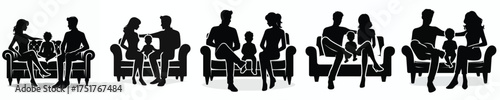 vector silhouette of parents and baby sitting on sofa