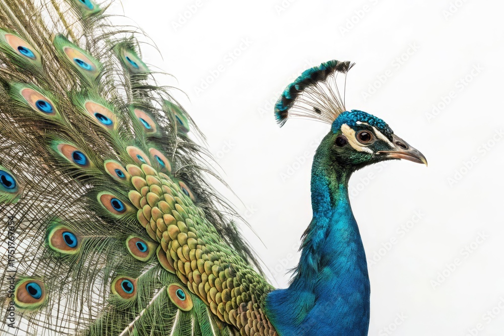 Fototapeta premium Peacock Displaying Vibrant Plumage Against a Plain Backdrop