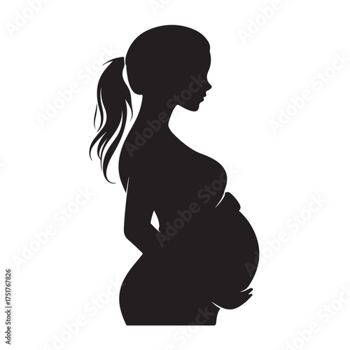 Black silhouette of pregnant woman with straight hair. Vector illustration 