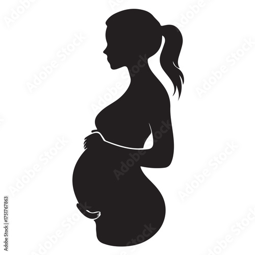 Black silhouette of pregnant woman with straight hair. Vector illustration 
