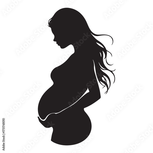 Black silhouette of pregnant woman with straight hair. Vector illustration 