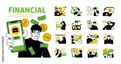 Stock trading. Financial investments scenes, people buy and sell stocks, resources, crypto and currency on exchange, profit growth, cash saving cartoon flat style isolated tidy vector set