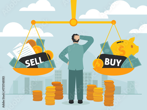 Stock market. Man invests finances, exchange monitoring and analysis, buying and selling resources on scales, stocks, currencies, thinking businessman, tidy vector cartoon flat concept