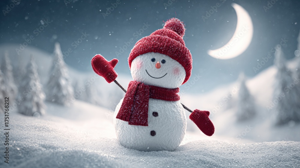 Fototapeta premium Festive Snowman Illustration with Red Accessories Under a Crescent Moon in a Wintery Landscape