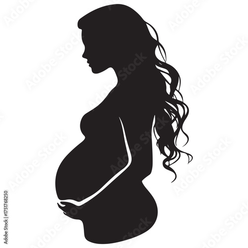 Black silhouette of pregnant woman with straight hair. Vector illustration 