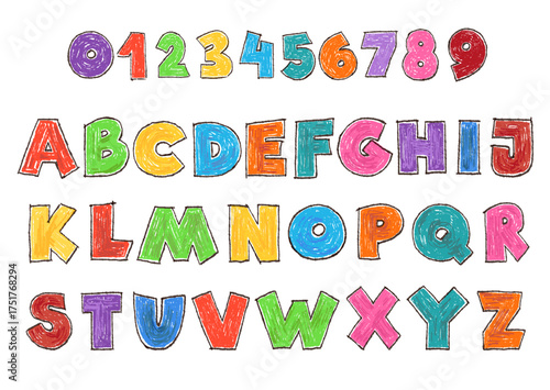 Playful kids font. Children color alphabet, letters and numbers, funny bright design, rough textures, crayons hand drawn isolated elements, pencils lettering objects, splendid vector set
