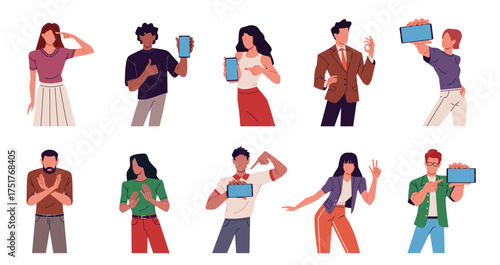 People pointing finger. Men and women gesticulate, flat characters with gadgets, blank smartphone screens, body language, finger point cartoon flat style isolated nowaday vector set